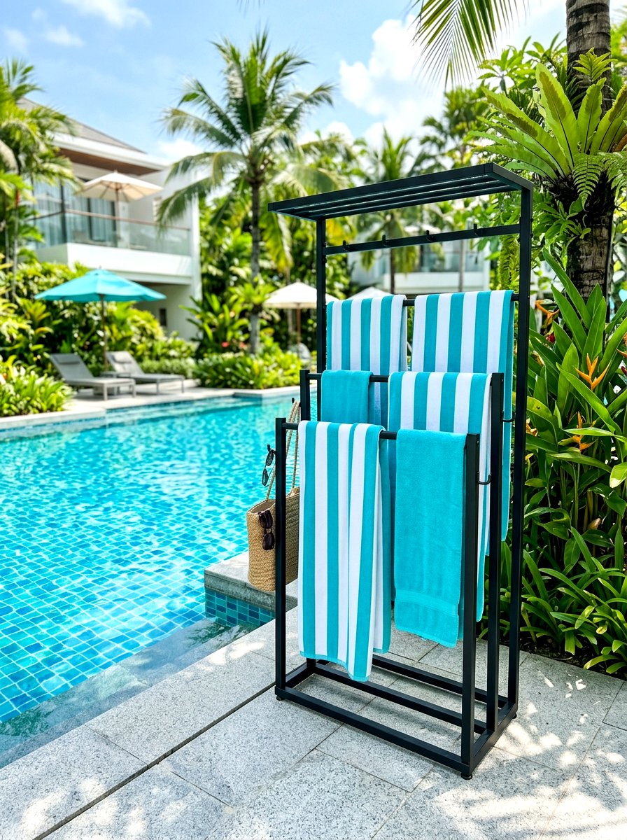 Poolside Towel Rack - 30 outdoor towel storage ideas