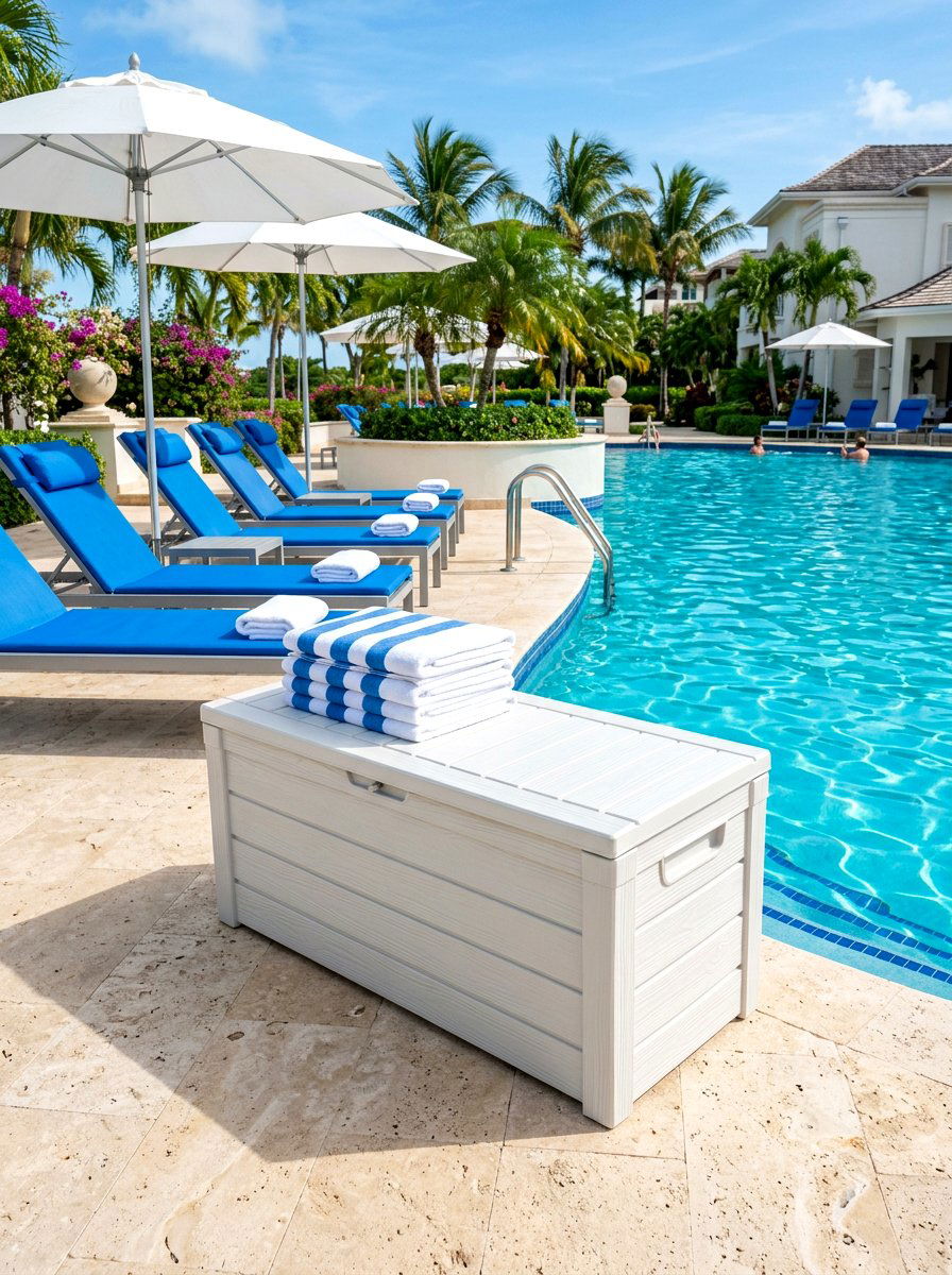Poolside Towel Storage Bench - 30 patio storage bench seating ideas