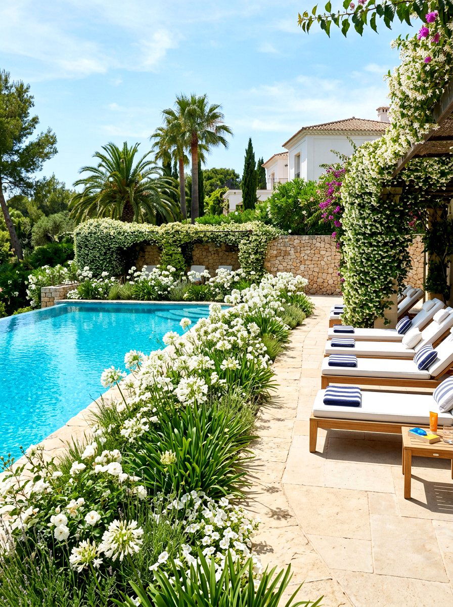 Poolside White Garden - 30 white flower garden ideas