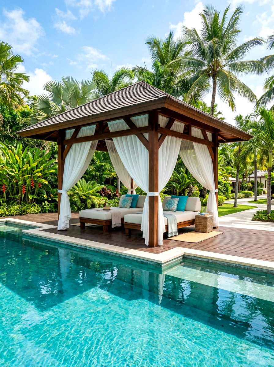 Poolside Wood Pavilion - 30 wood pavilion patio ideas