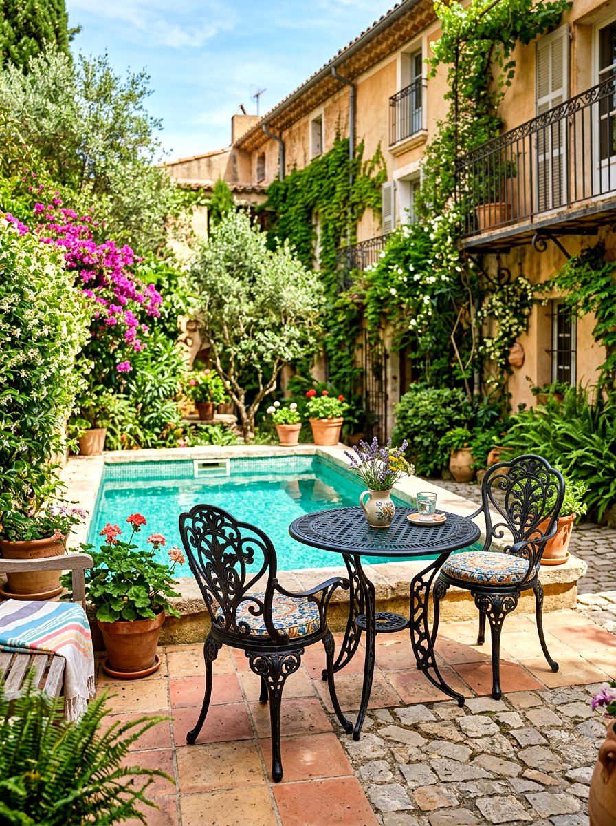 Poolside bistro set - 30 small poolside patio ideas