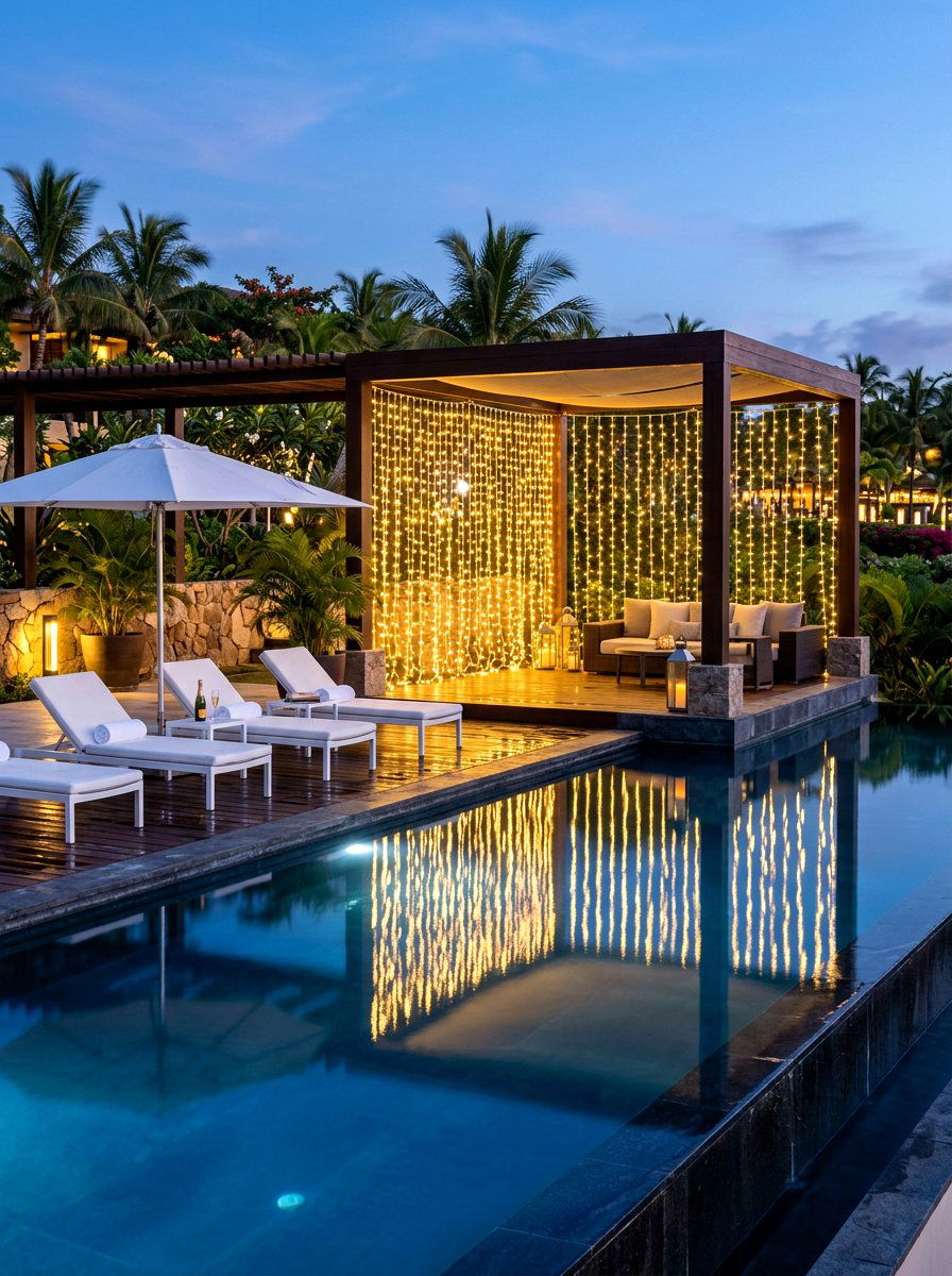 Poolside curtain string light - 30 patio curtain string light ideas