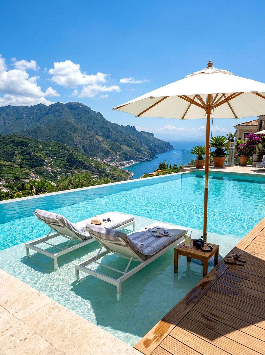 Poolside dining under umbrellas - 30 resort poolside patio ideas