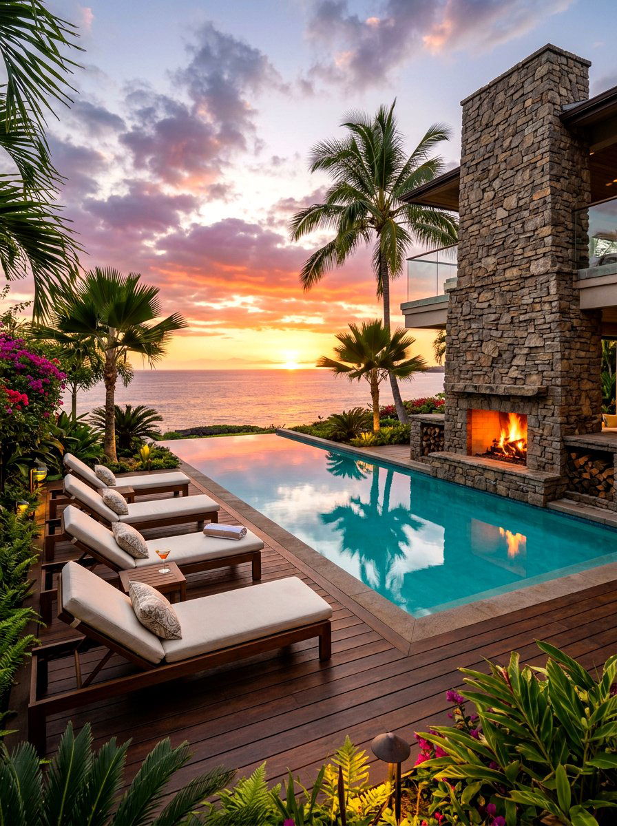 Poolside fire feature deck - 30 backyard fireplace seating ideas