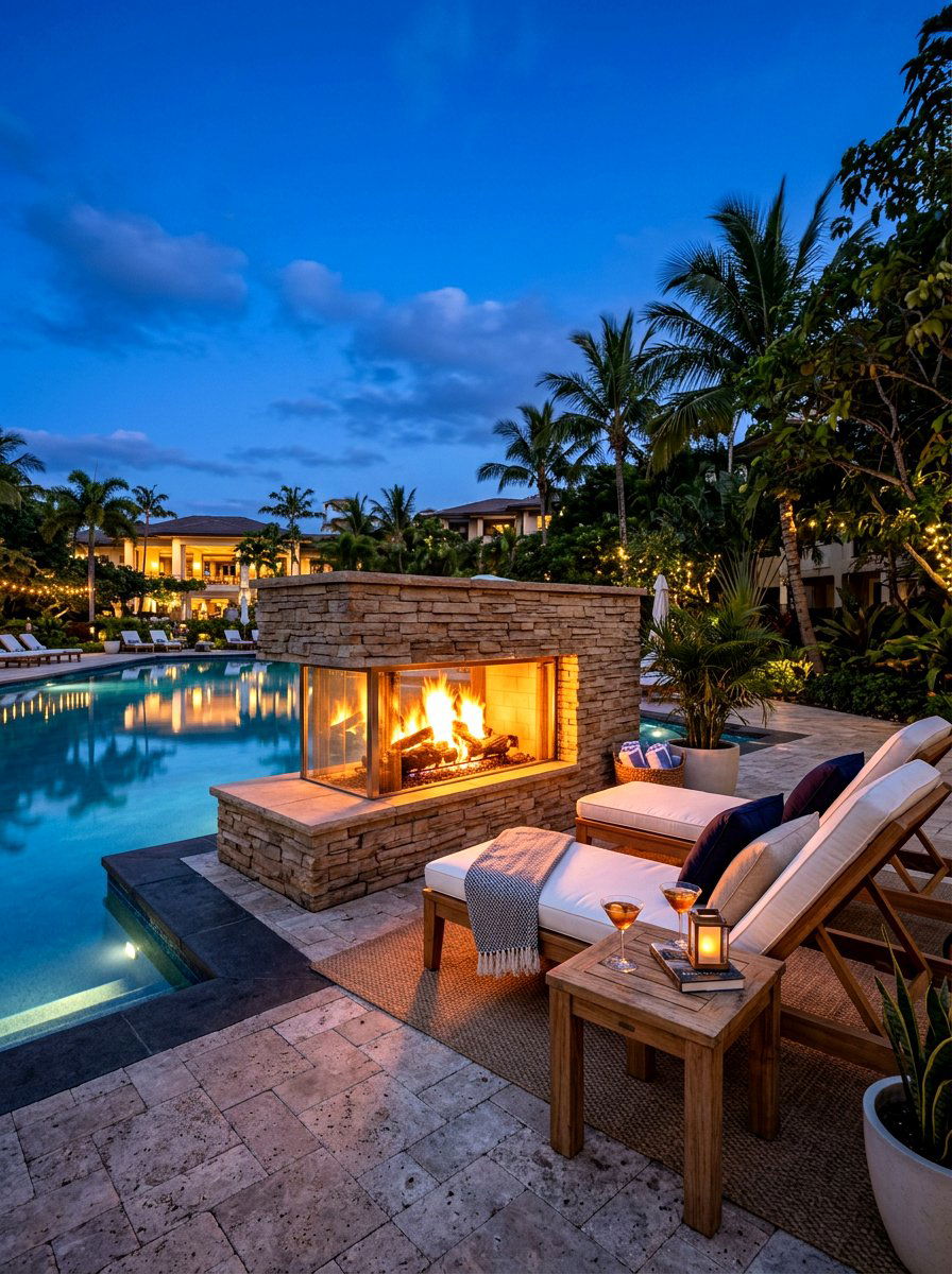 Poolside fireplace lounge area - 30 patio fireplace lounge ideas