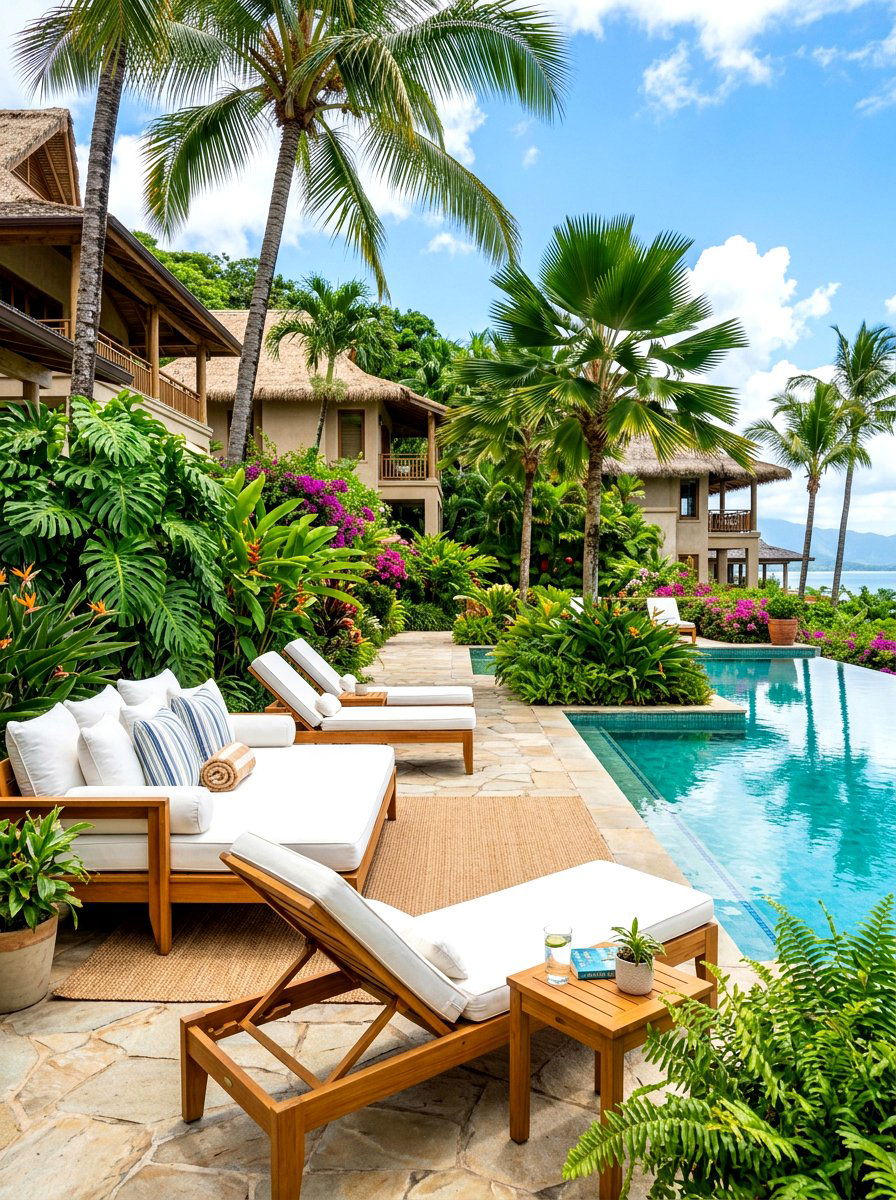 Poolside lounge area - 30 tropical pool landscaping ideas