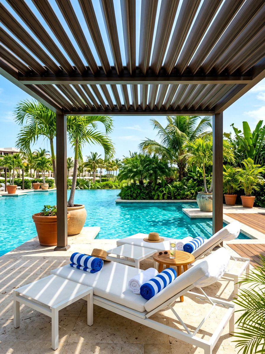 Poolside louvered pergola lounge - 30 louvered pergola ideas