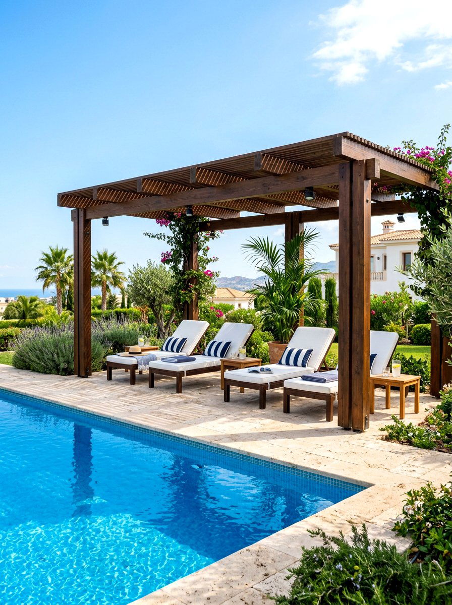 Poolside pergola with lounge chairs - 30 pergola lounge patio ideas