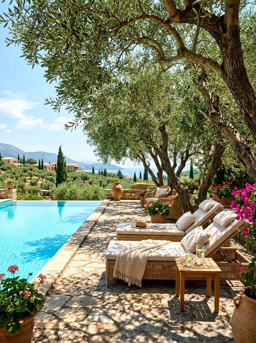 Poolside seating area shaded by olive trees - 30 poolside olive trees ideas