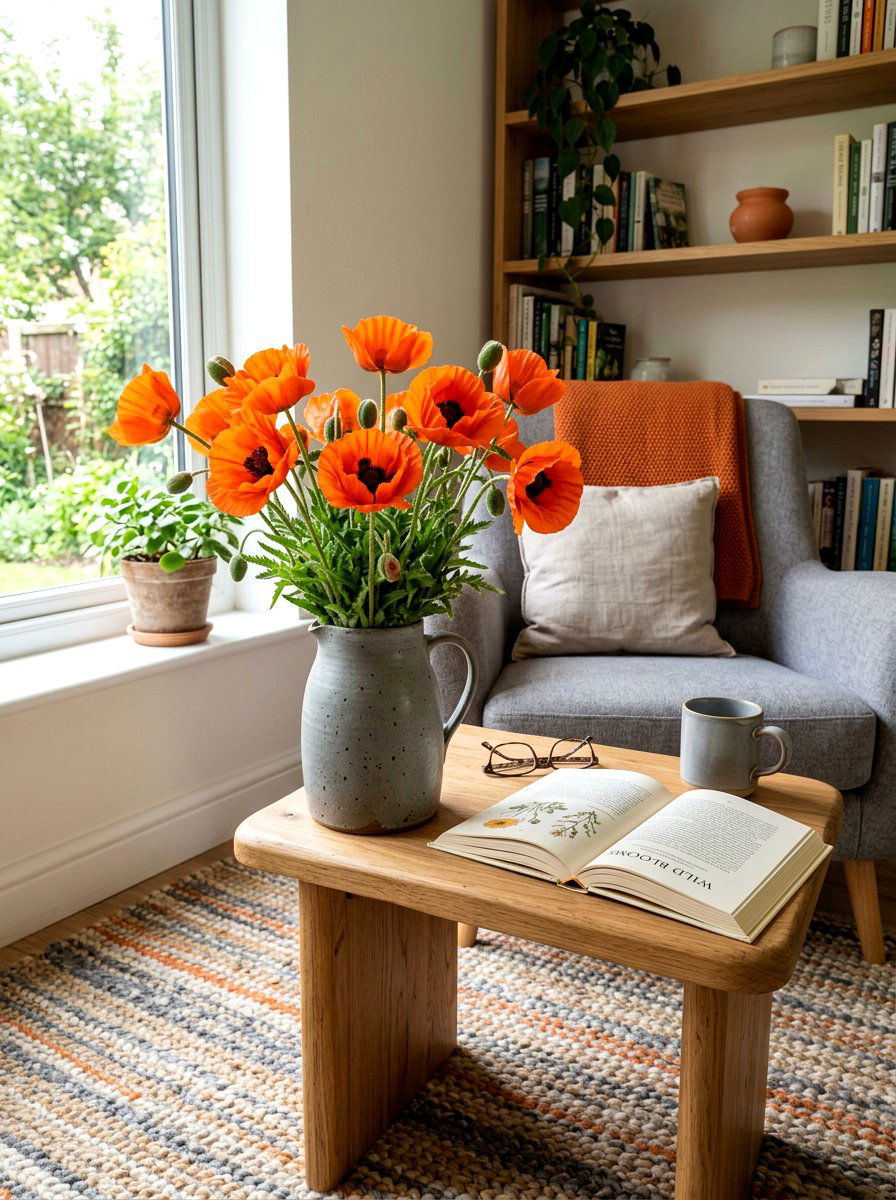 Poppies in stoneware carafe - 30 market bouquet decor ideas
