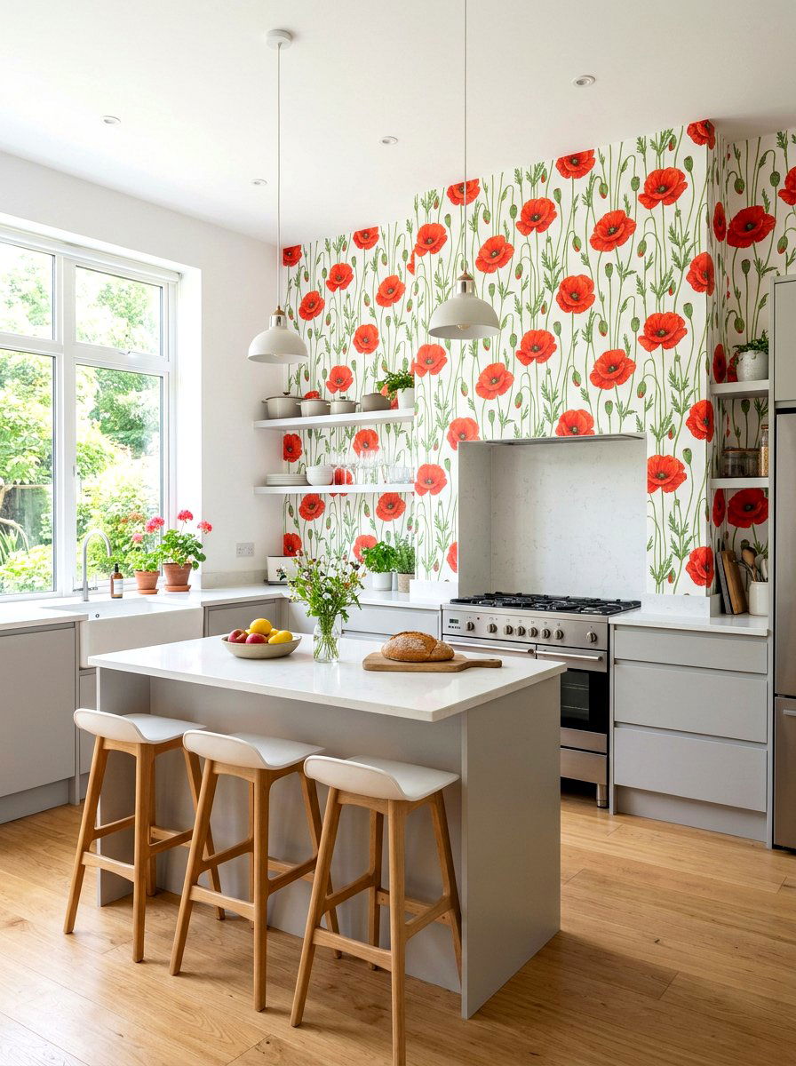 Poppy floral kitchen wallpaper - 30 floral kitchen wallpaper ideas
