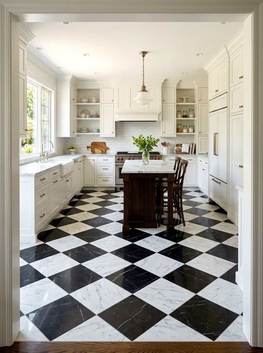 Porcelain marble look checkerboard - 30 checkerboard kitchen tile ideas