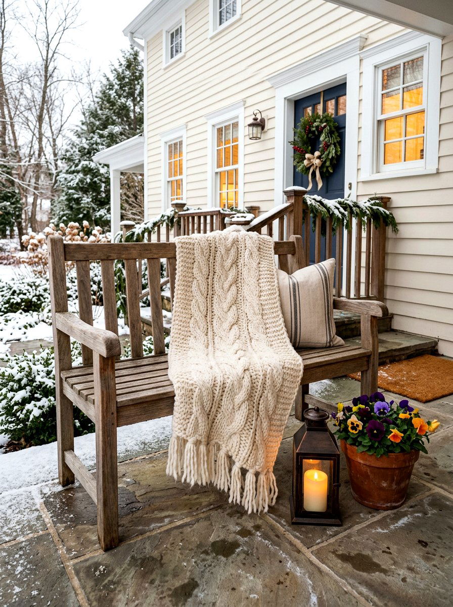 Porch Bench Blanket - 30 winter front porch ideas