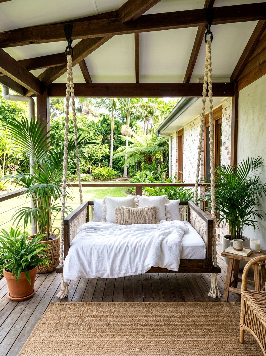 Porch Swing Bed - 30 family backyard seating ideas