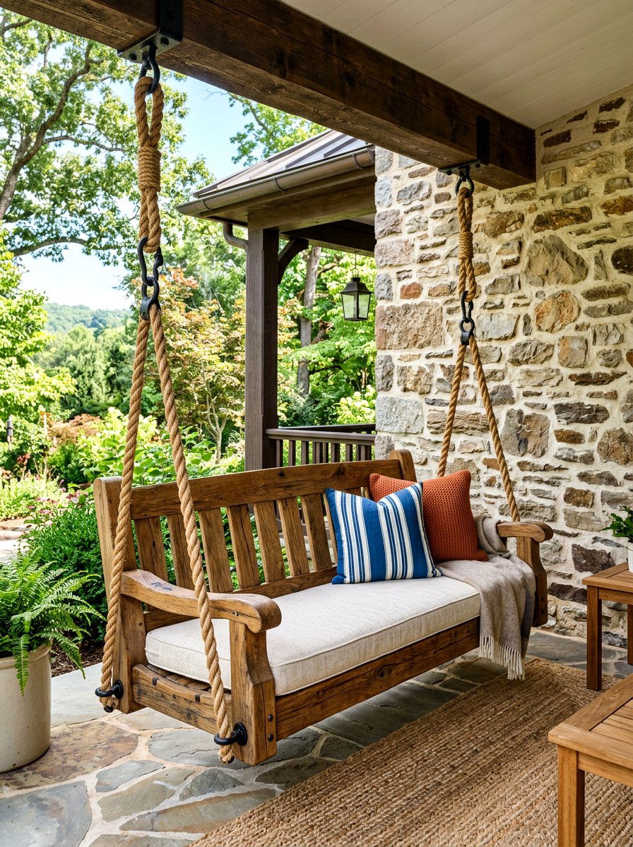 Porch Swing With Chunky Rope - 30 farmhouse porch swing ideas