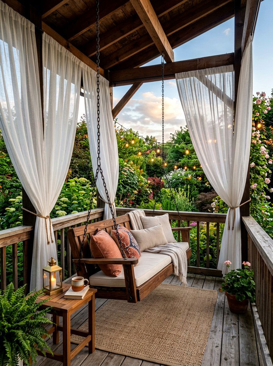 Porch Swing With Curtains - 30 farmhouse porch swing ideas
