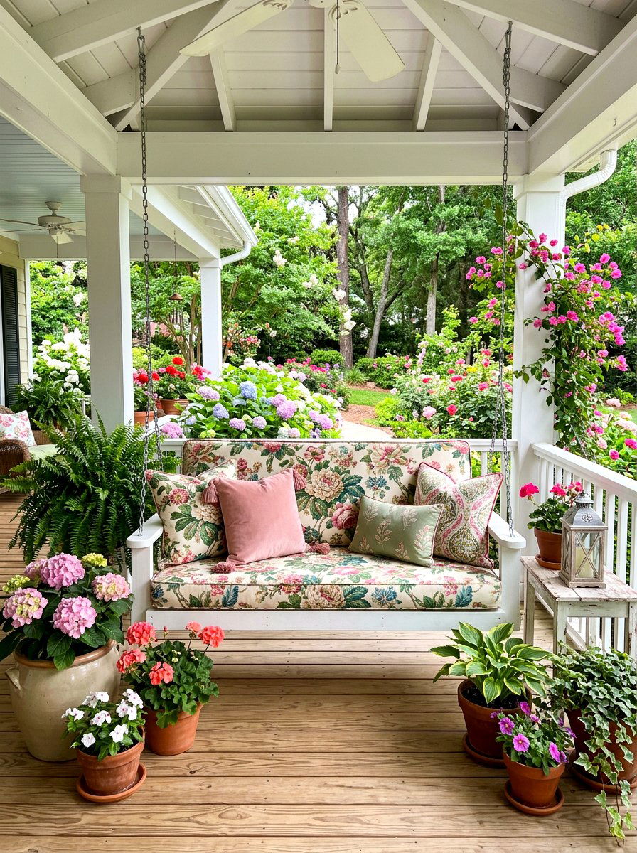 Porch Swing With Floral Pillows - 30 farmhouse porch swing ideas