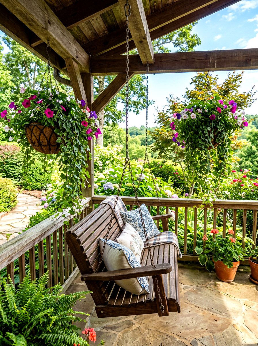 Porch Swing With Hanging Plants - 30 farmhouse porch swing ideas