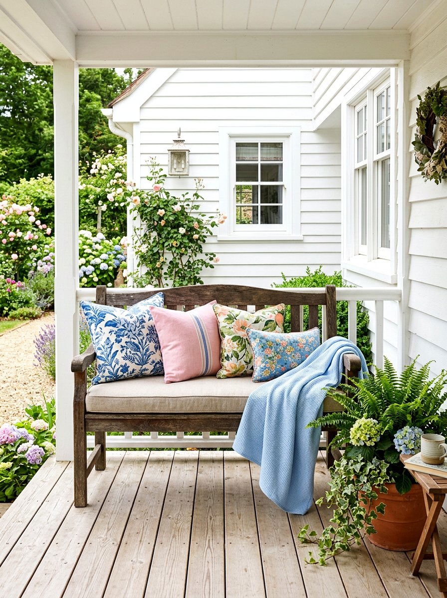 Porch bench with throw pillows - 30 spring porch layering ideas