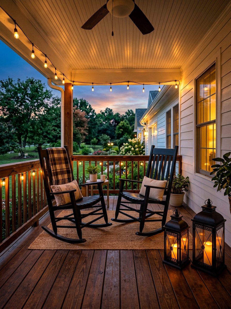 Porch rockers with floor lanterns - 30 porch rocking chair styling ideas