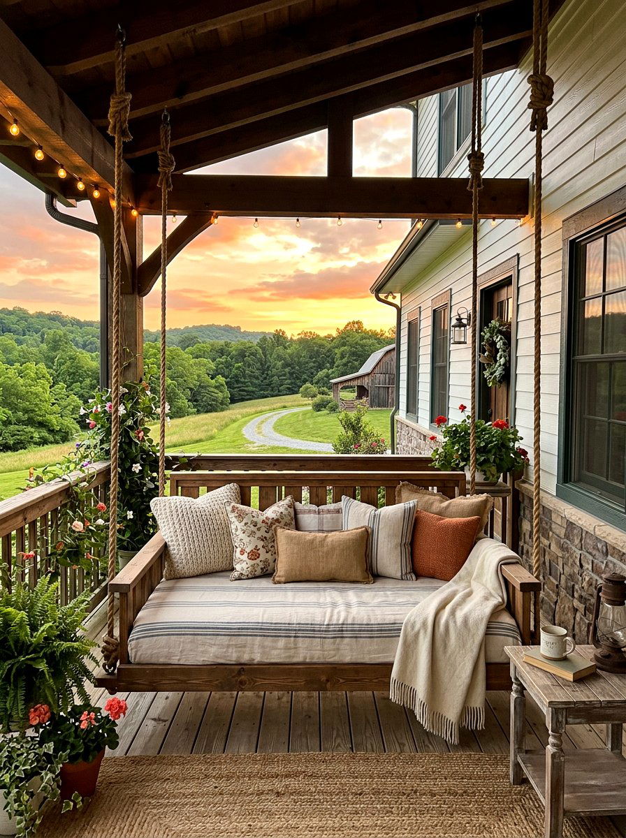 Porch swing bed - 30 cozy evening porch ideas