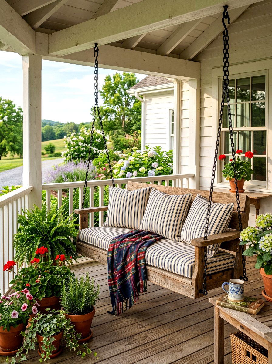 Porch swing with cushions - 30 country porch decor ideas