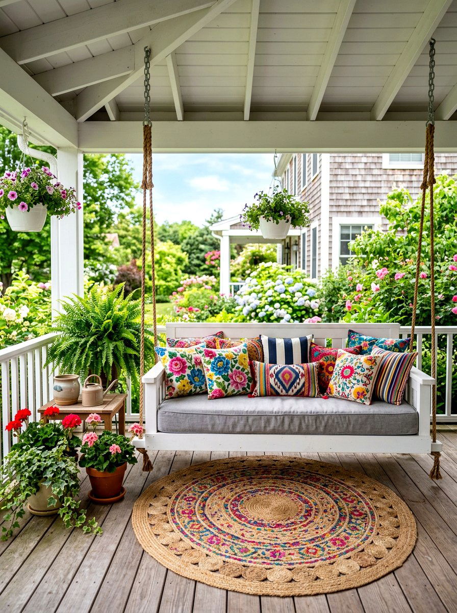 Porch swing with multiple cushions - 30 spring porch layering ideas
