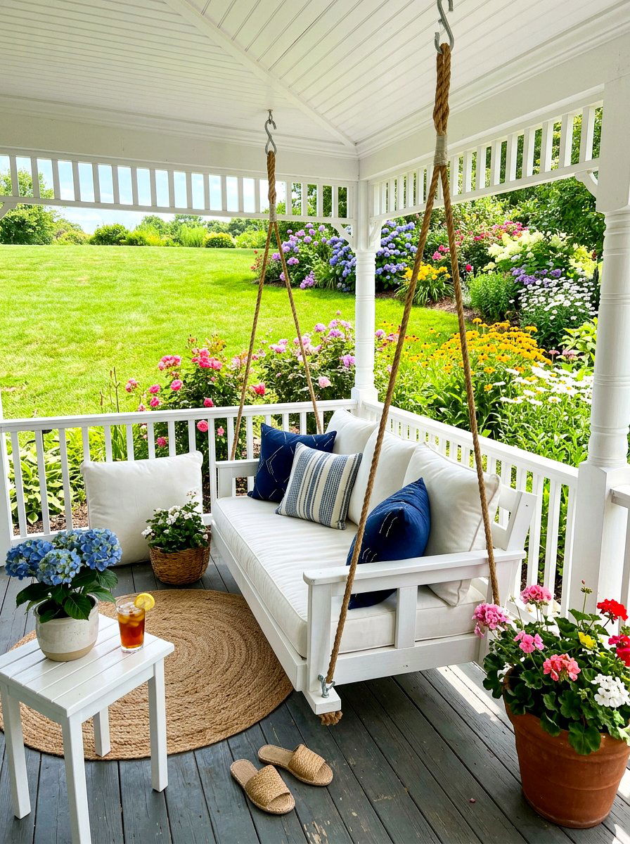 Porch swing with white cushions - 30 Nancy Meyers front porch ideas