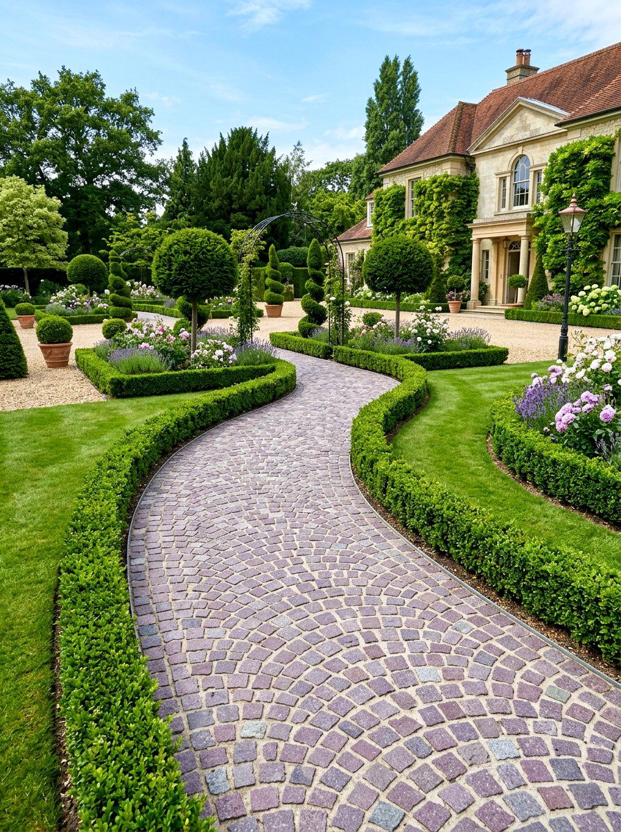 Porphyry Stone Fan Pattern Path - 30 curved walkway ideas