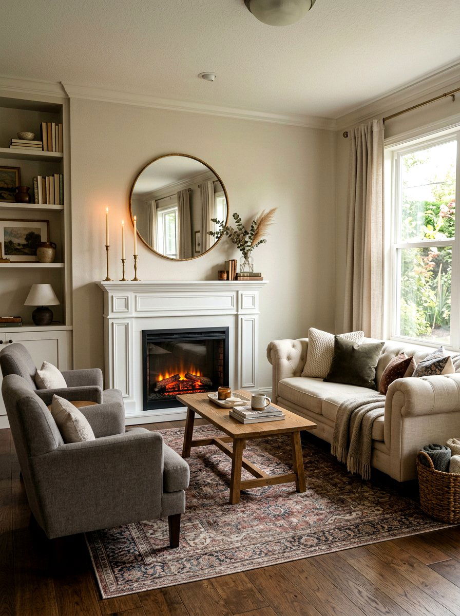 Portable Faux Fireplace Mantel - 30 renter friendly living room ideas