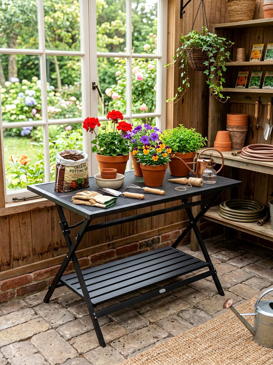 Portable Folding Potting Table - 30 greenhouse storage bench ideas