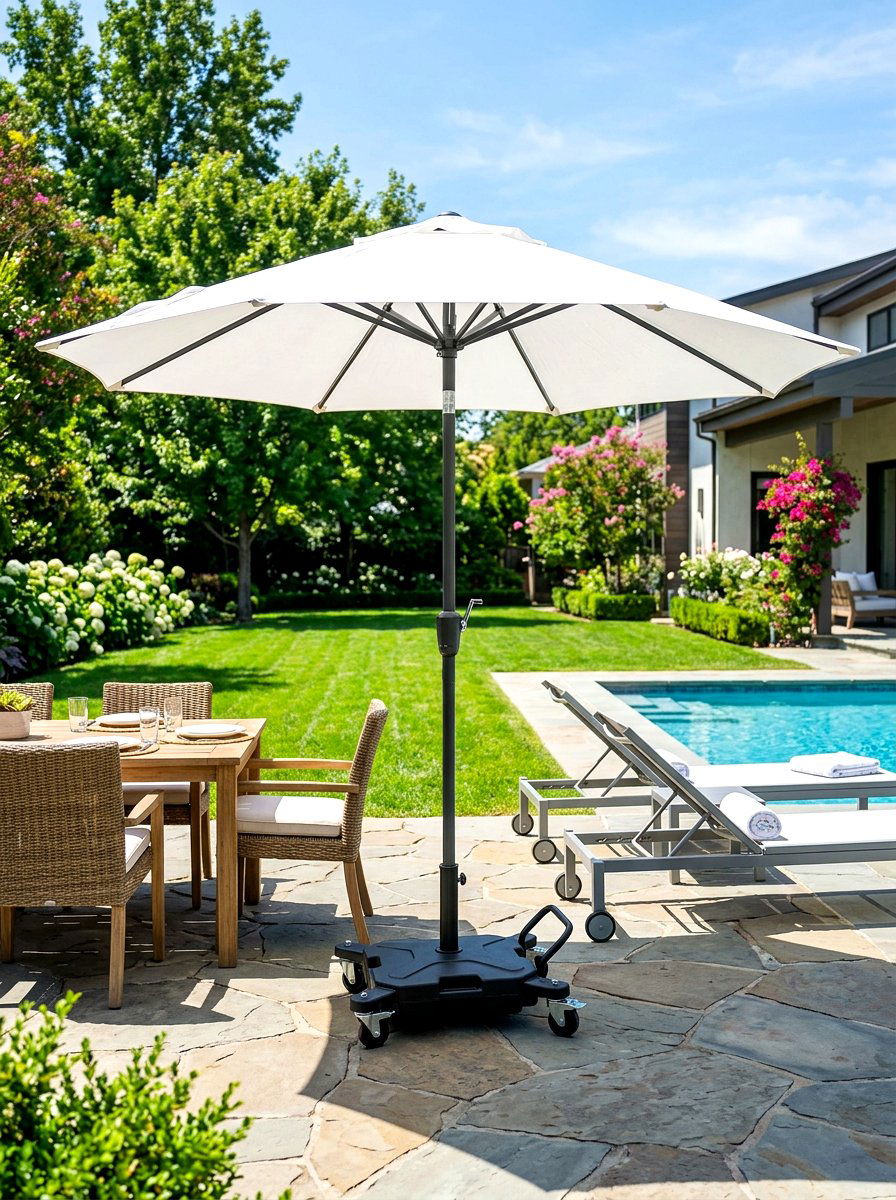 Portable Rolling Base Umbrella - 30 poolside umbrella lounge ideas