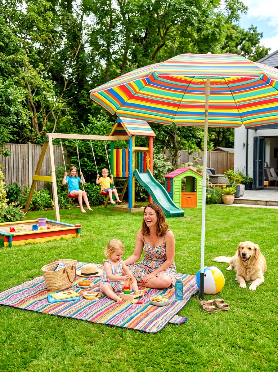 Portable beach style umbrella - 30 garden umbrella ideas