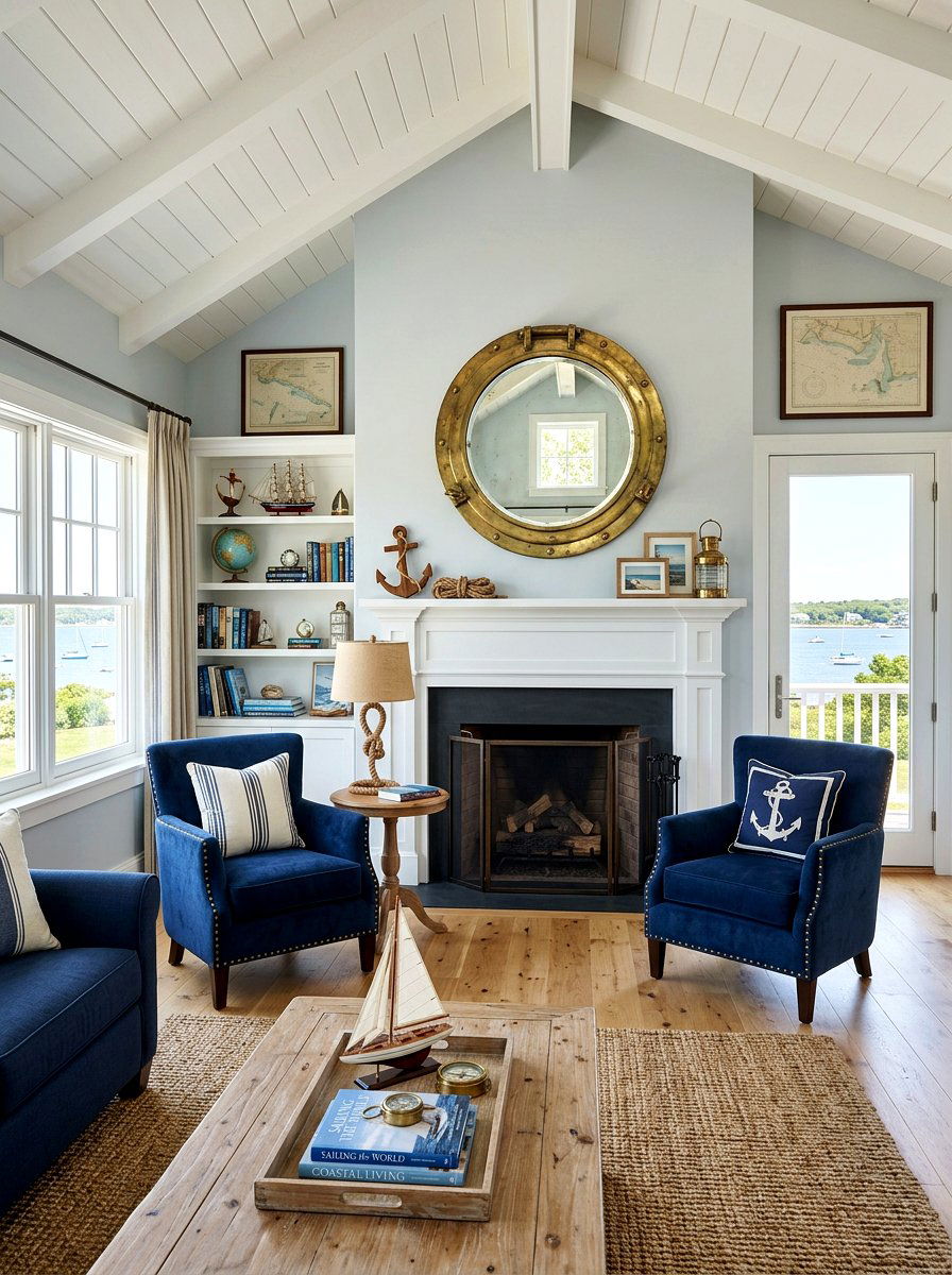Porthole Mirror Living Room - 30 ocean inspired living room ideas
