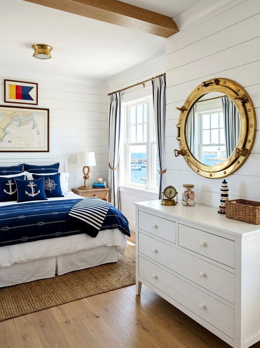 Porthole mirror nautical bedroom - 30 beach cottage bedroom ideas