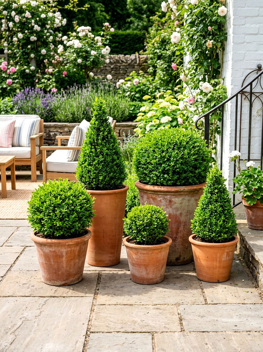 Pot Cluster On Patio - 30 boxwood garden ideas