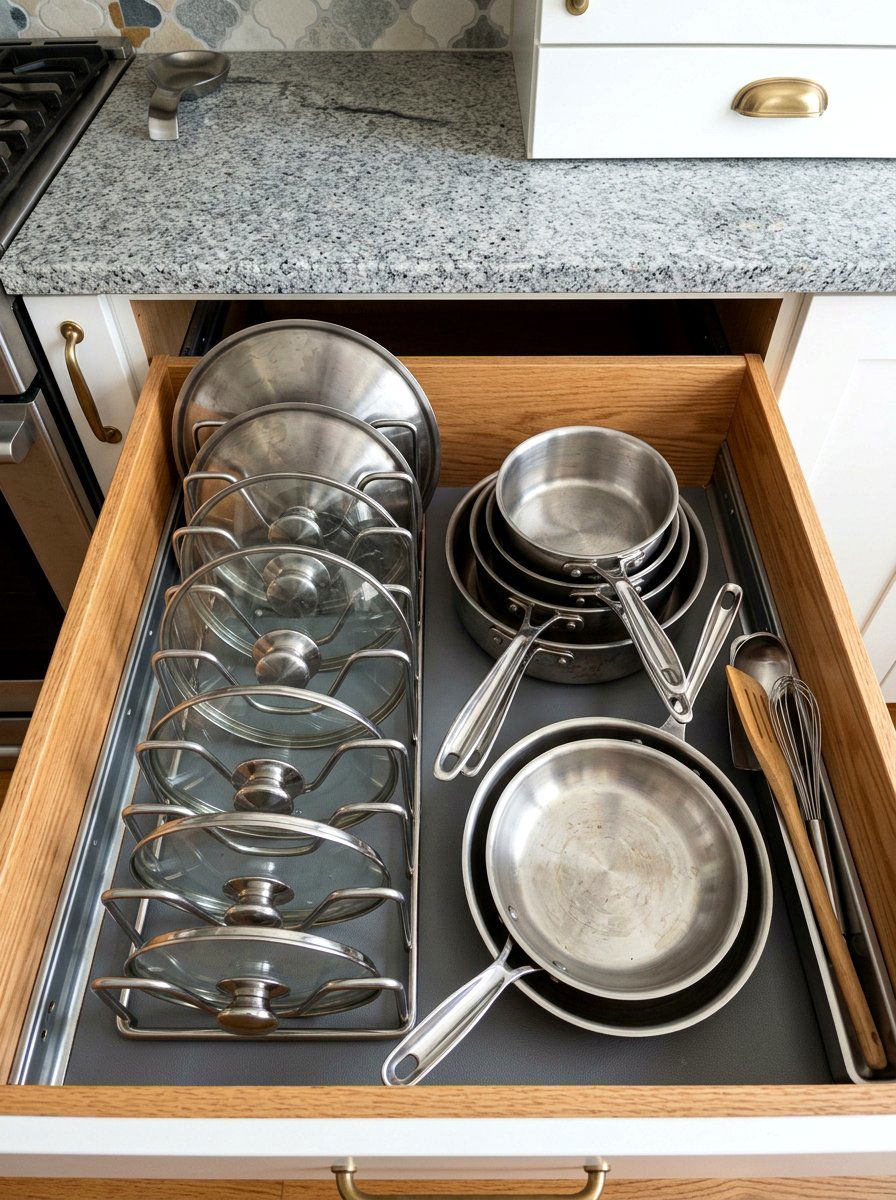 Pot lid holder - 30 renter friendly kitchen storage ideas