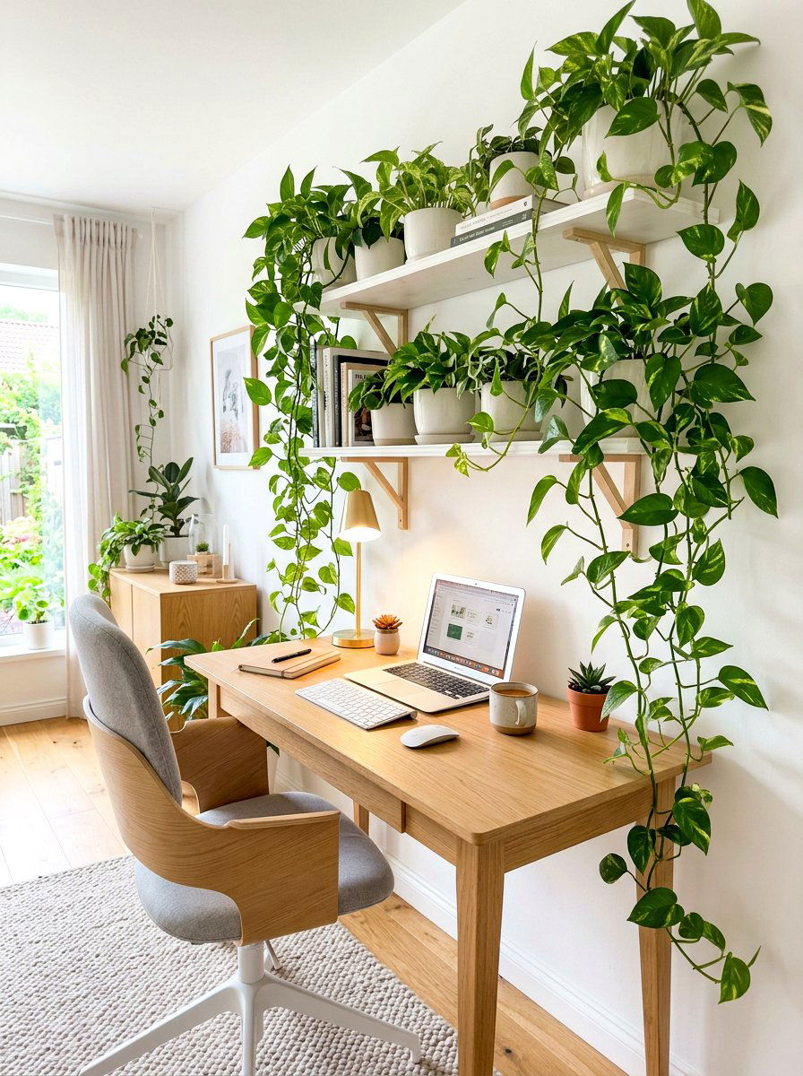 Pothos On Floating Shelves - 30 home office plant ideas