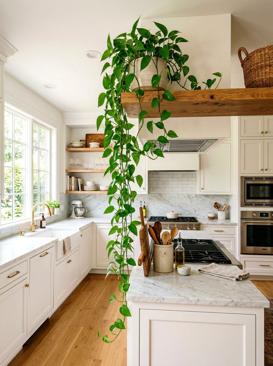 Pothos kitchen shelf arrangement - 30 low light indoor plant decor ideas