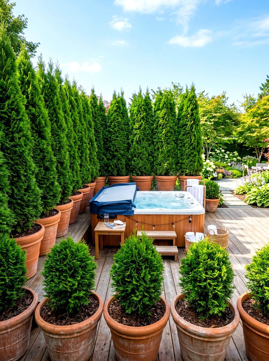 Potted Arborvitae Tree - 30 hot tub privacy ideas