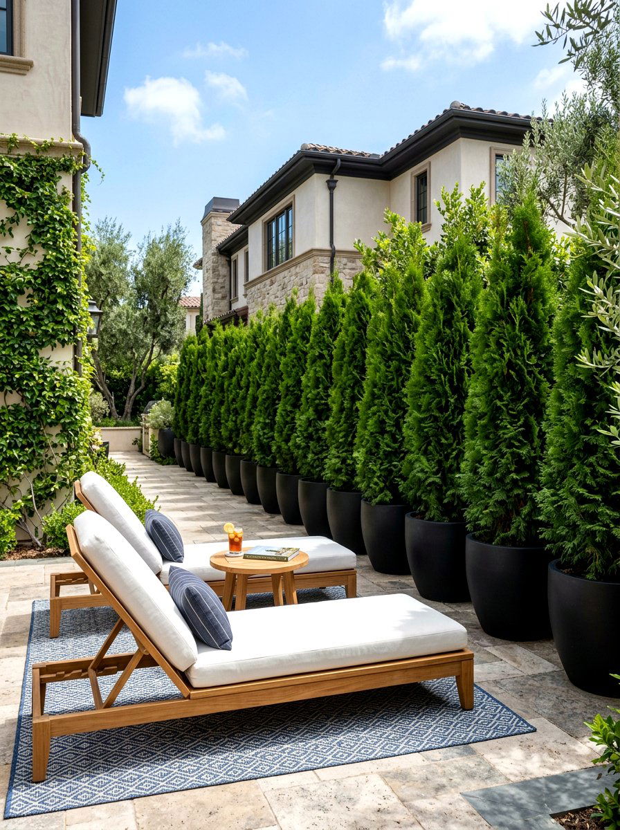 Potted Cedar Trees - 30 private patio screen ideas