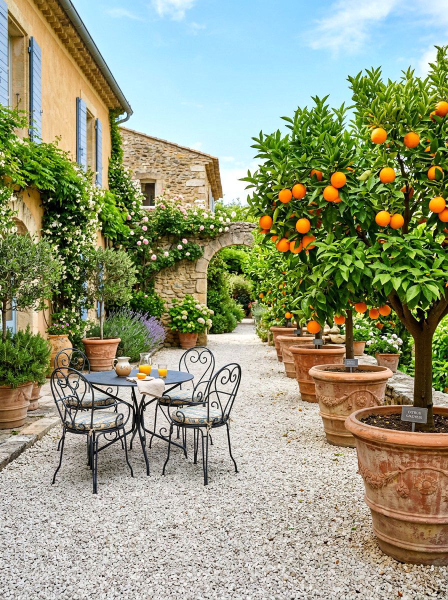 Potted Citrus Gravel Patio - 30 potted citrus backyard ideas