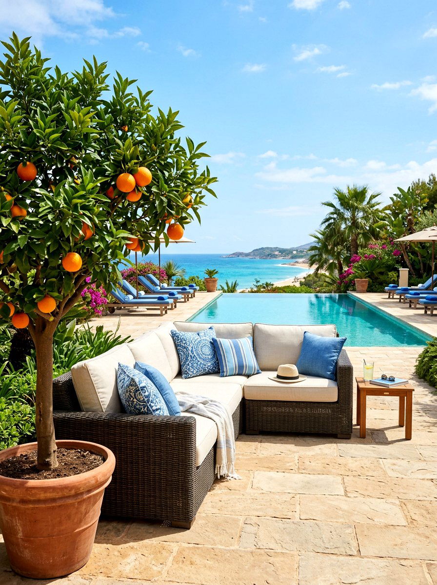 Potted Citrus Near Outdoor Seating Area - 30 potted citrus patio ideas