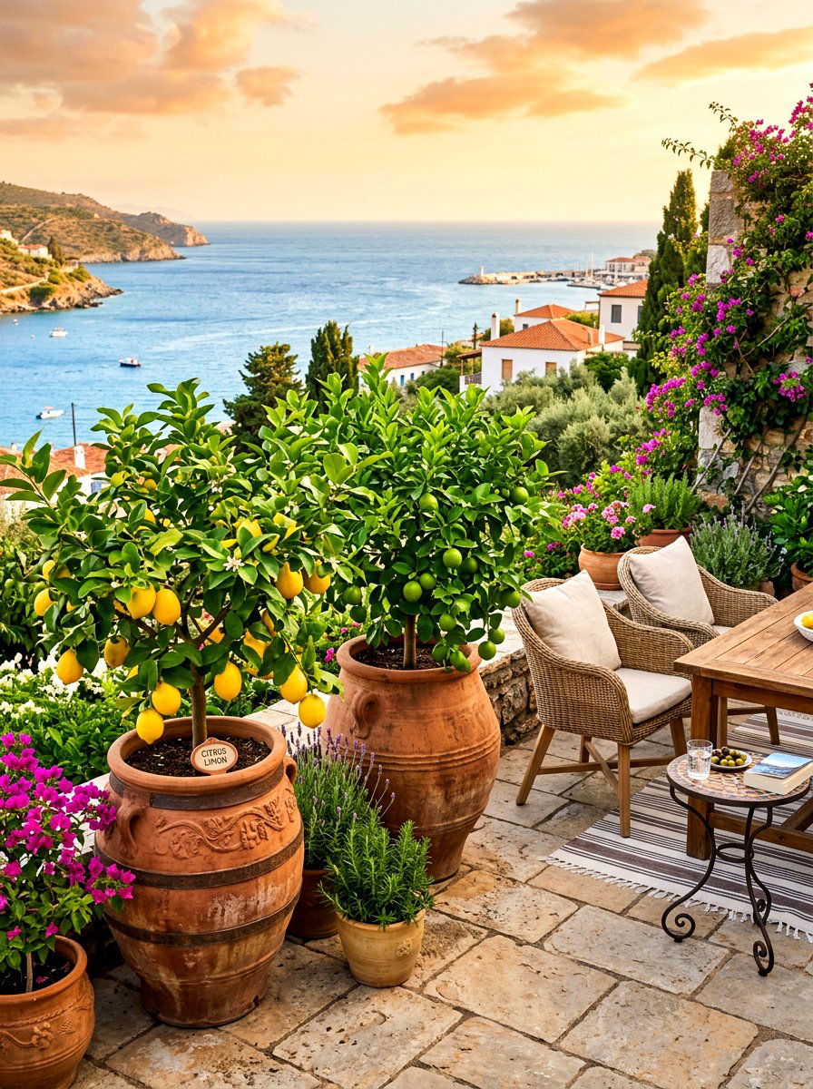 Potted Citrus Patio - 30 orchard backyard ideas