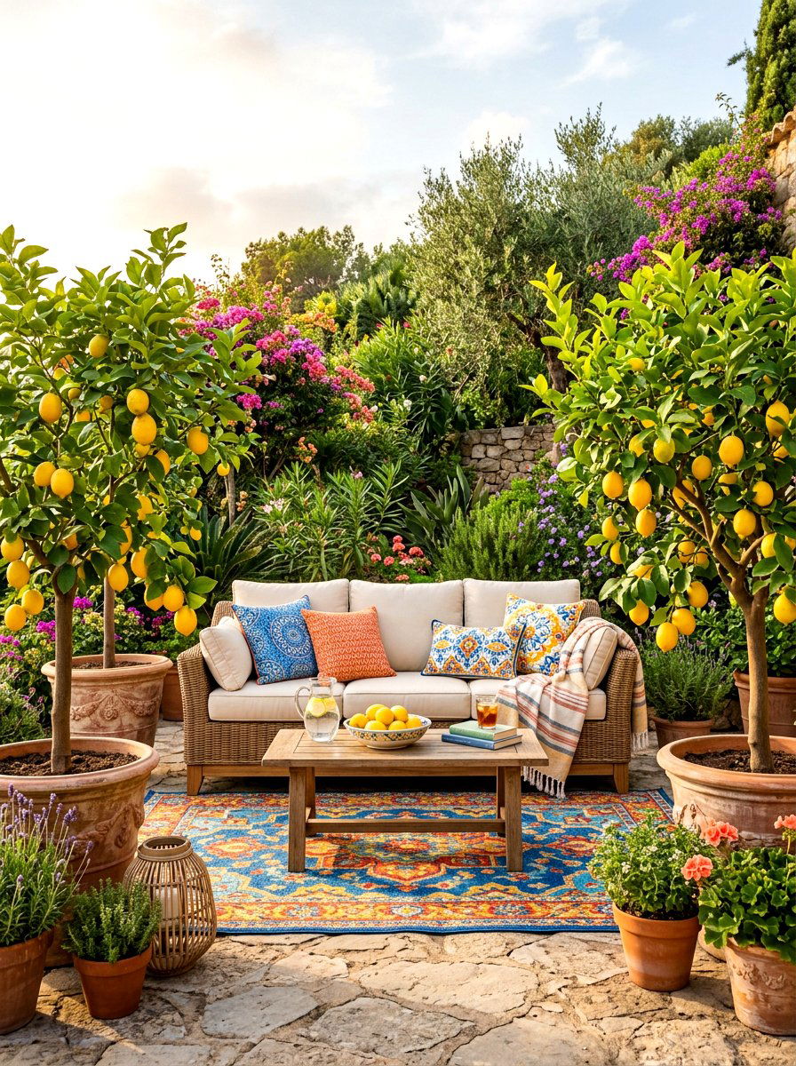 Potted Citrus Seating Area - 30 potted citrus backyard ideas