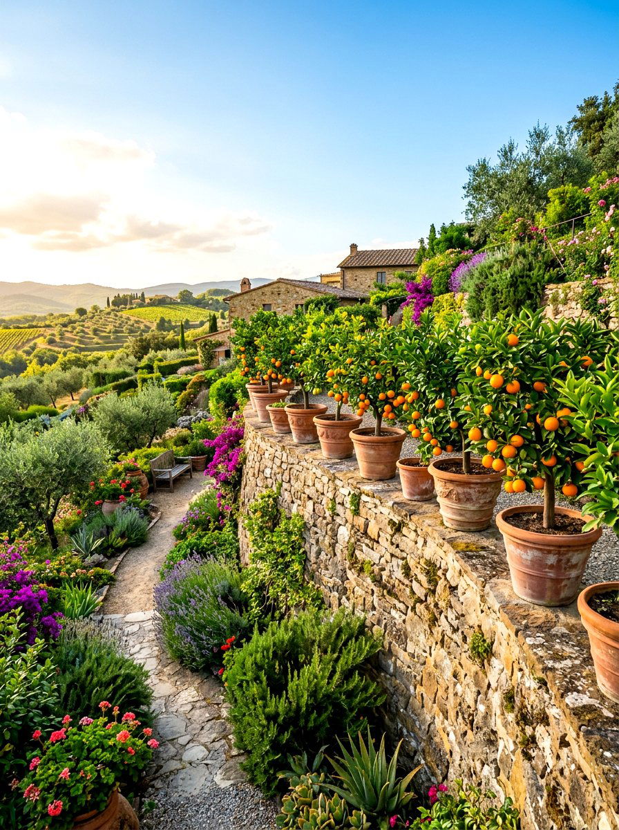 Potted Citrus Stone Wall - 30 potted citrus backyard ideas