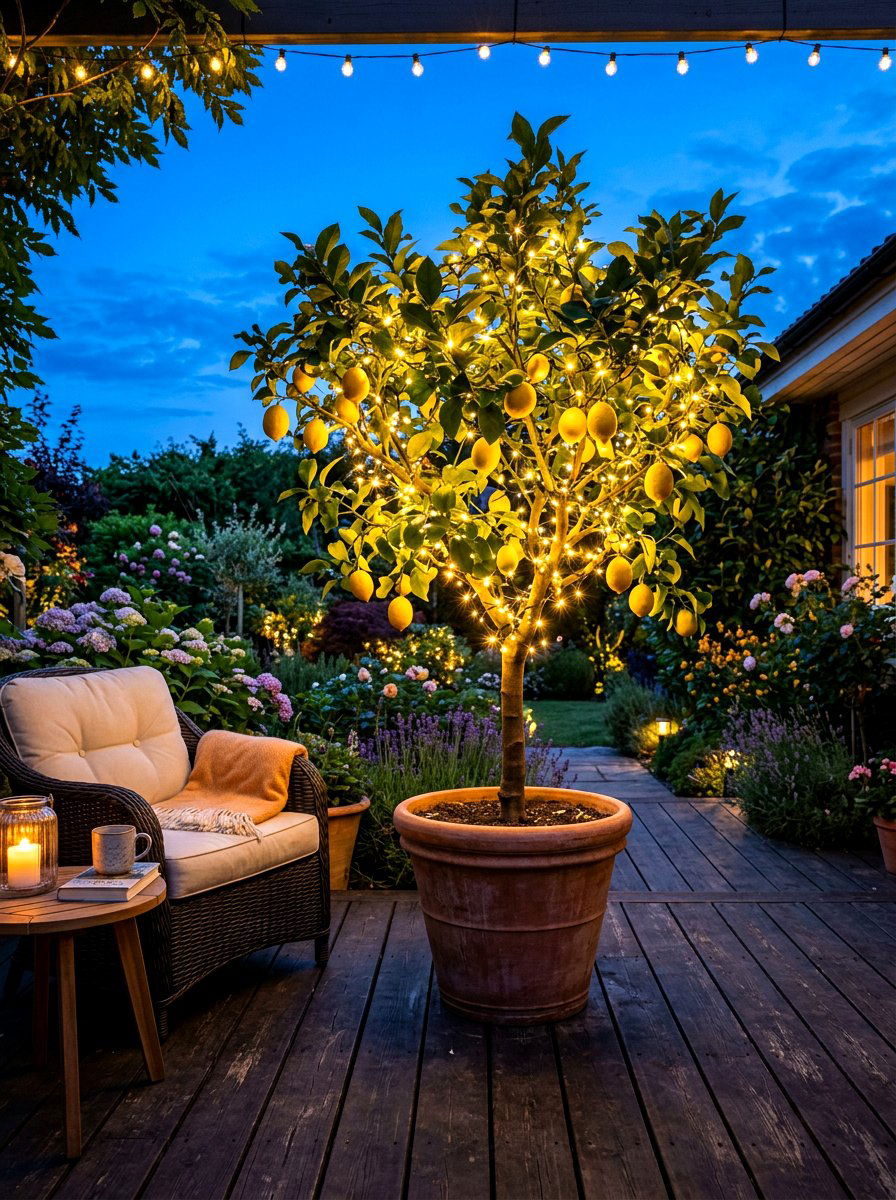 Potted Citrus With Fairy Lights - 30 potted citrus patio ideas