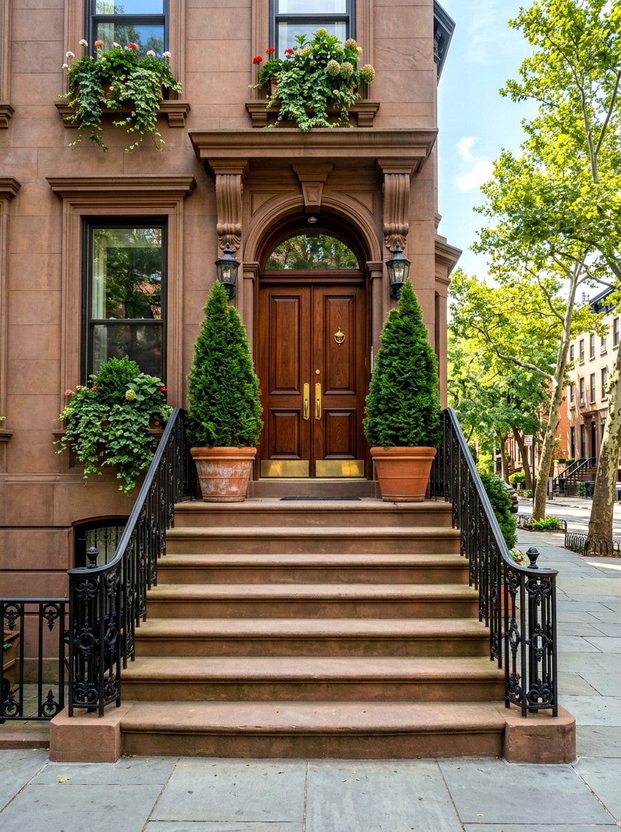 Potted Evergreen Symmetrical Stoop - 30 brownstone stoop ideas