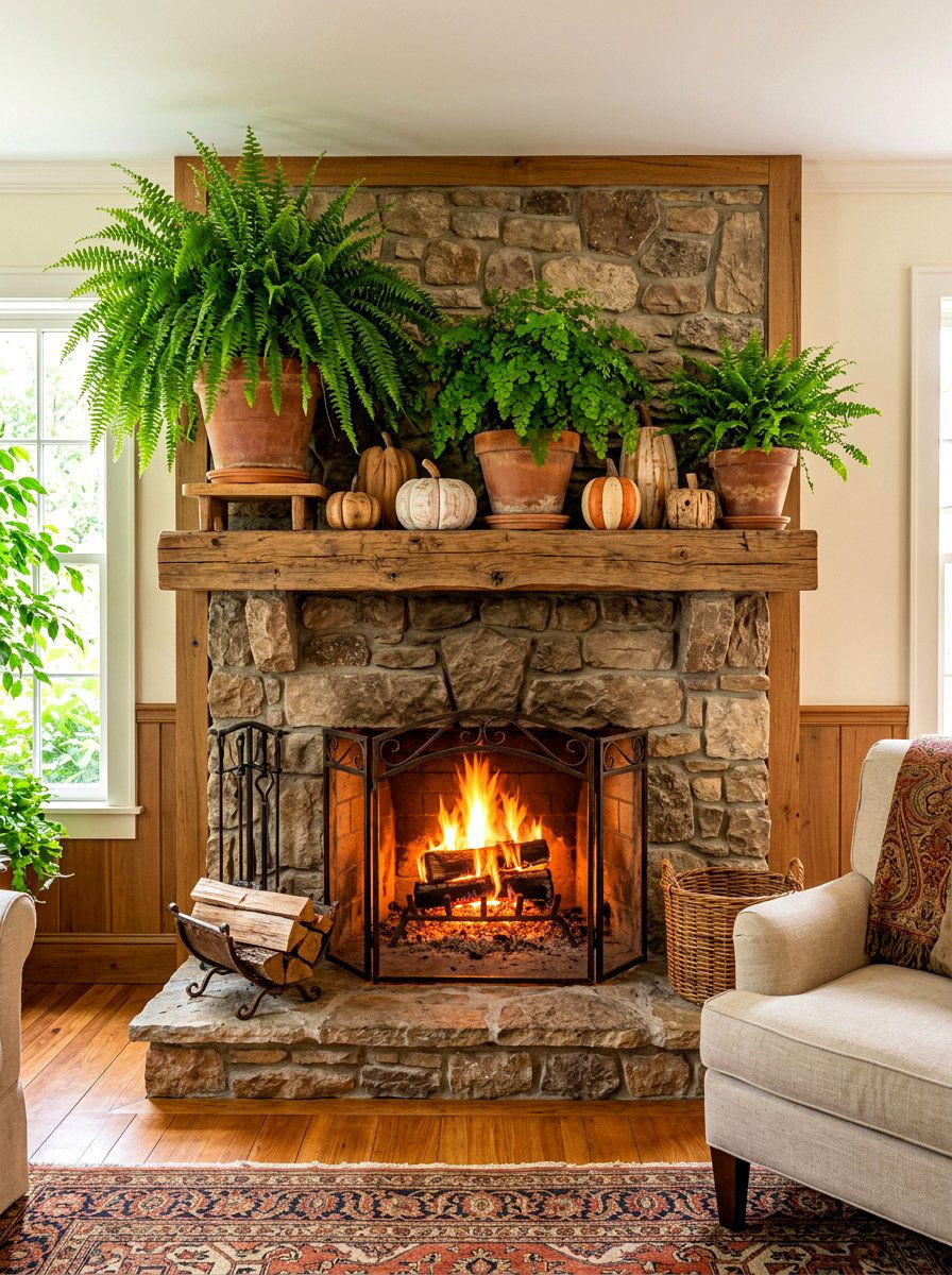 Potted Fern Mantel Decor - 30 fall mantel layering ideas