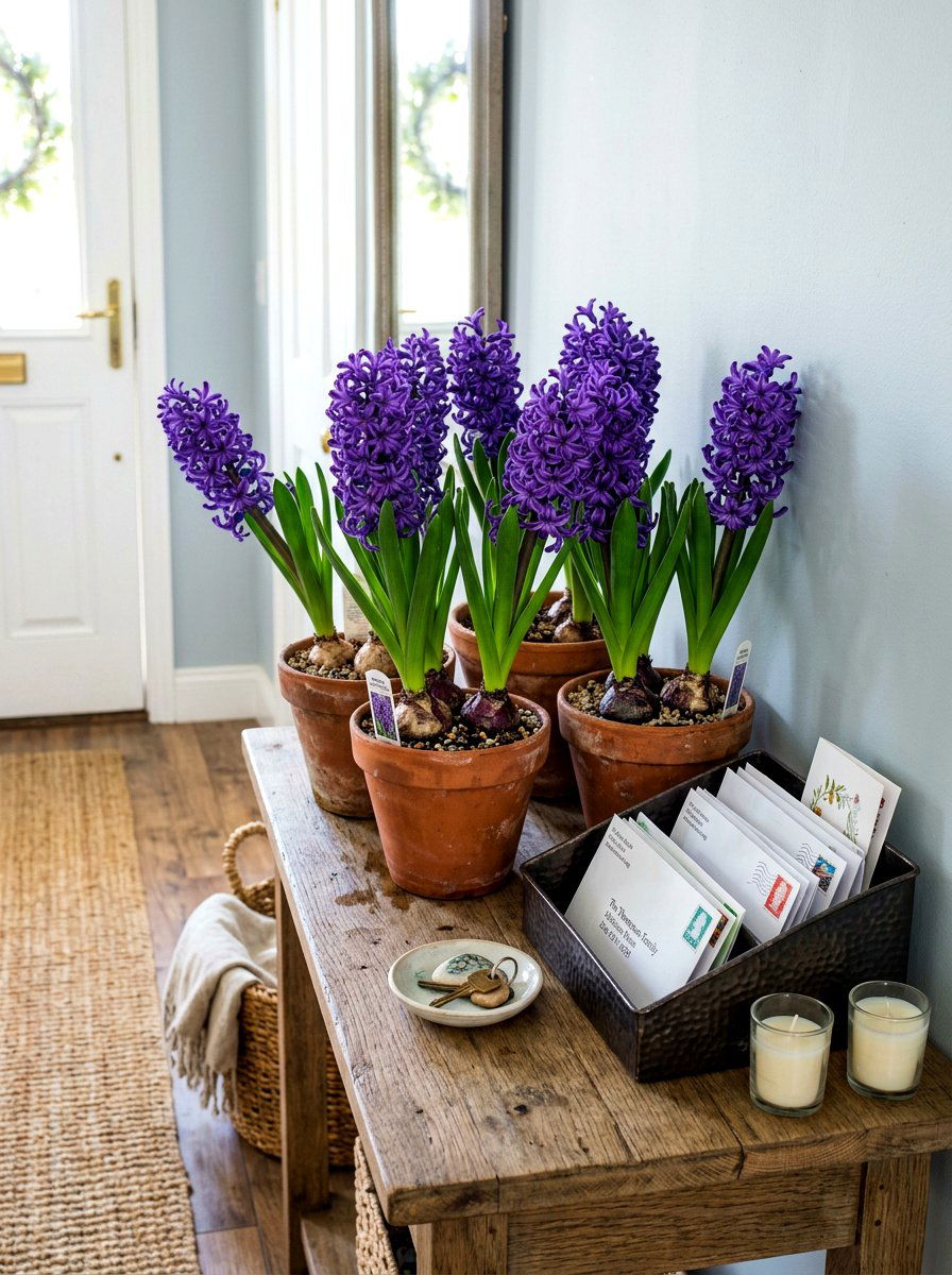 Potted Hyacinth Entryway - 30 spring entry table ideas